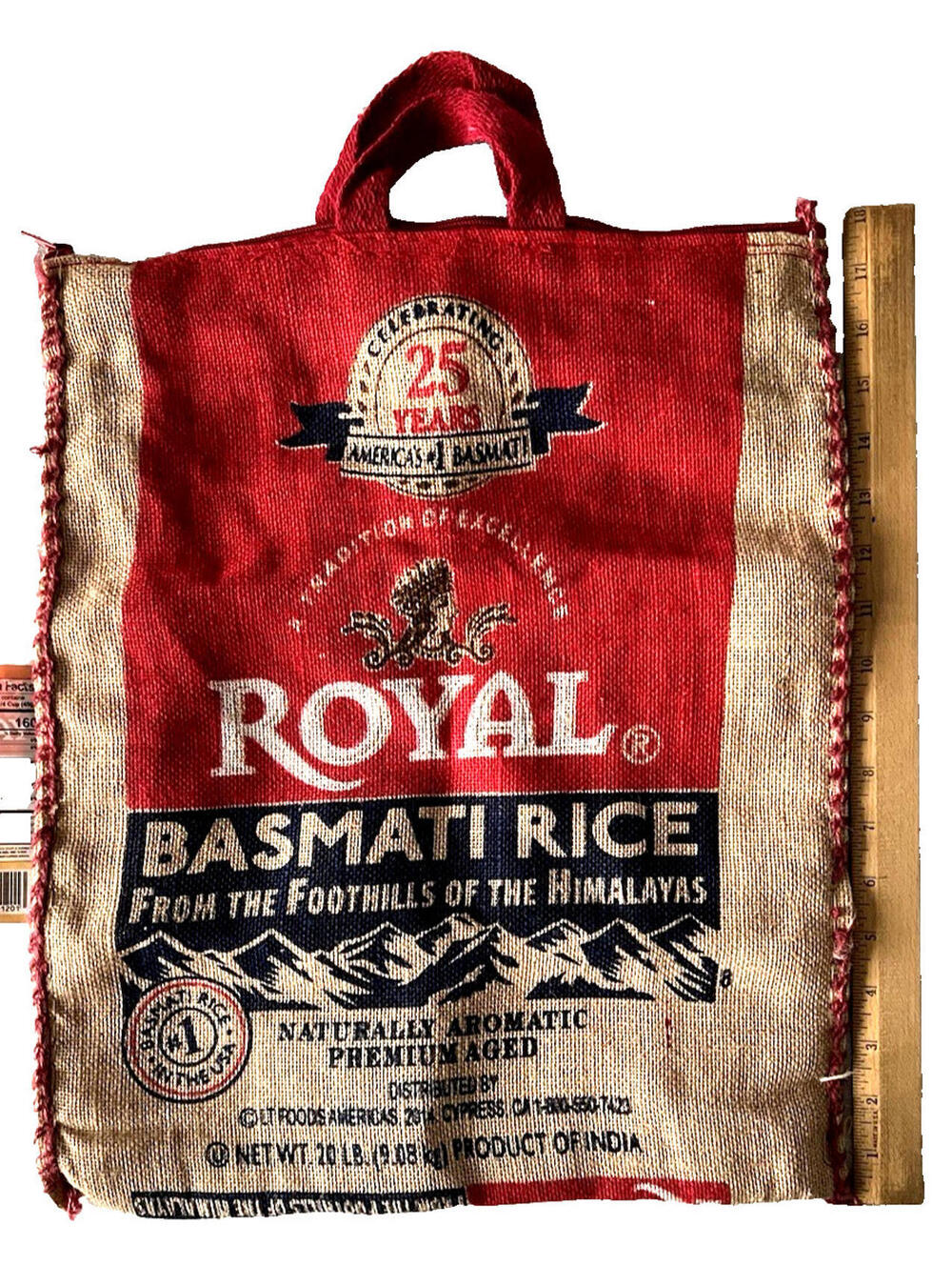 Repurposed Royal Basmati Rice 20 Lb Red Handled Zippered 14x18 Burlap Tote Bag